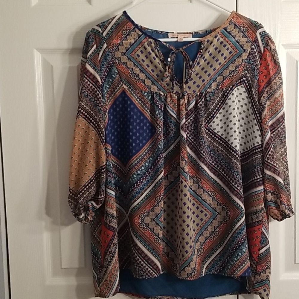 Gibson Latiner tie-neck boho peasant top